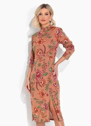 Moda Pop - Vestido Floral Marrom  com Gola e Mangas Longas - MODA POP