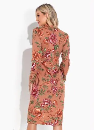 Moda Pop - Vestido Floral Marrom  com Gola e Mangas Longas - MODA POP