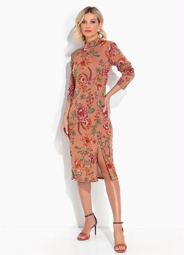 Moda Pop - Vestido Floral Marrom com Gola e Mangas Longas 4