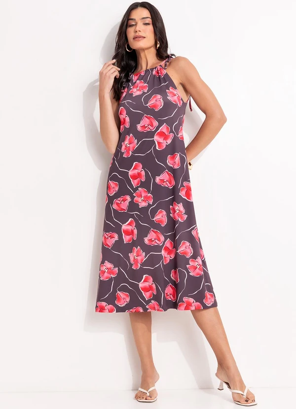 Quintess - Vestido Floral Marrom em Malha Fria