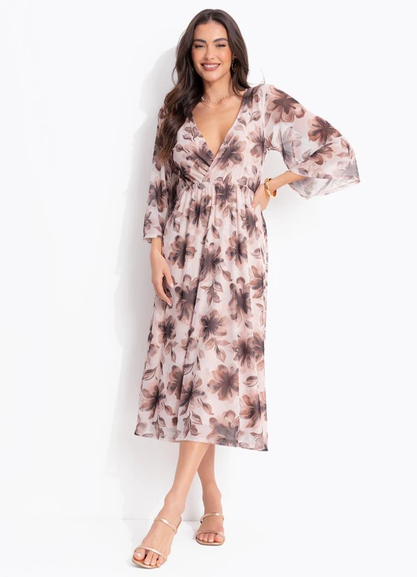 Quintess - Vestido Floral Marrom em Tule