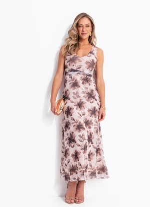 Quintess - Vestido Floral Marrom em Tule - QUINTESS