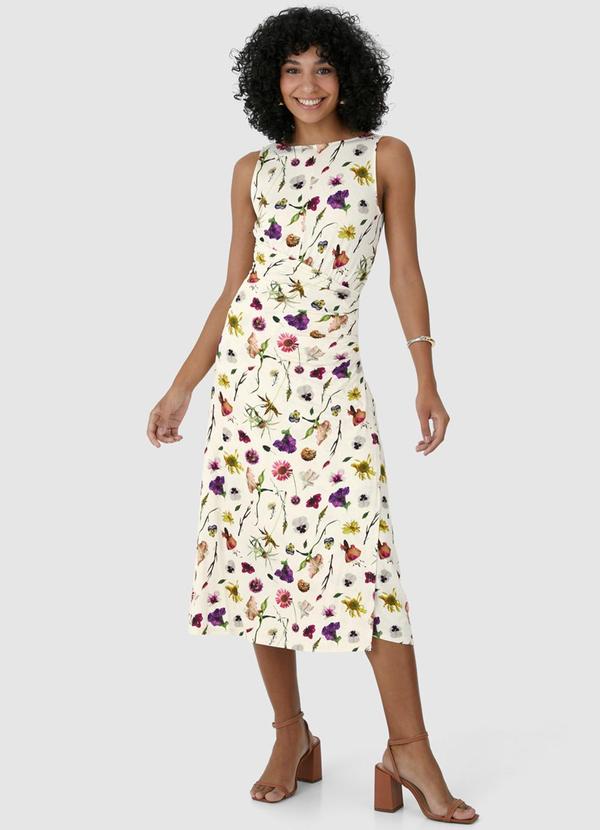 Malwee - Vestido Floral Midi Assimétrico Bege 4