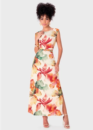 Enfim - Vestido Floral Mídi Reto Cut Out Off White - ENFIM