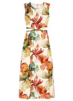 Enfim - Vestido Floral Mídi Reto Cut Out Off White - ENFIM