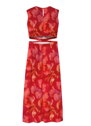 Enfim - Vestido Floral Mídi Reto Cut Out Vermelho - ENFIM