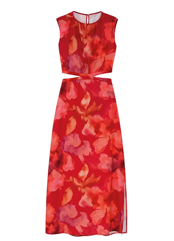 Enfim - Vestido Floral Mídi Reto Cut Out Vermelho