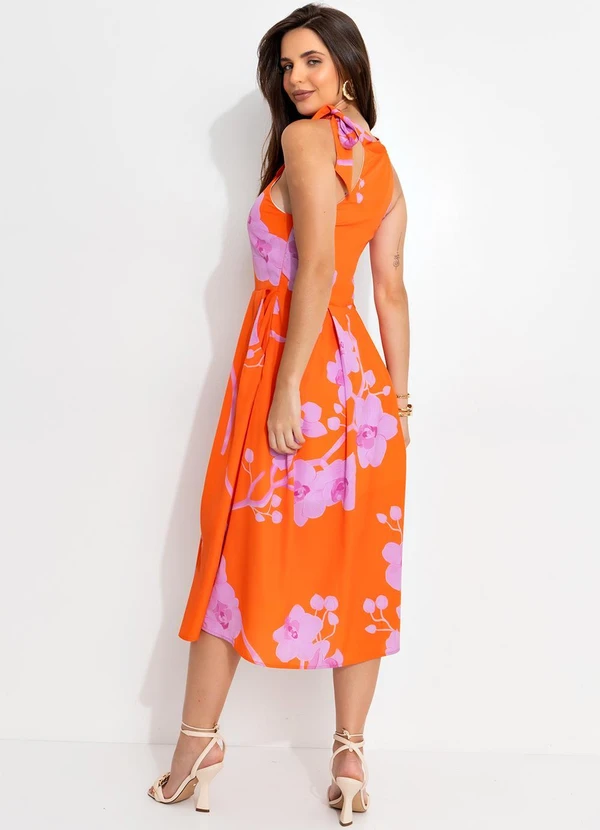 Quintess - Vestido Midi Floral Orquídeas com Decote Trapézio e Bolsos 3
