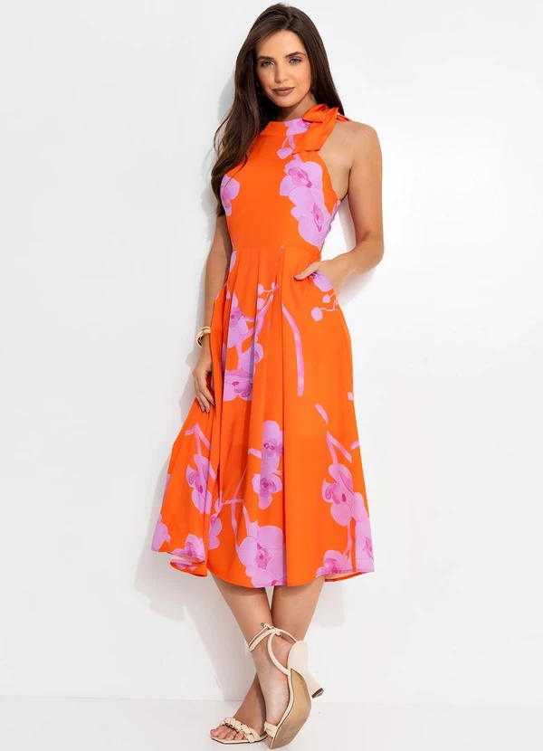 Quintess - Vestido Midi Floral Orquídeas com Decote Trapézio e Bolsos 5