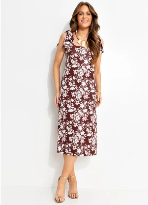 Quintess - Vestido Midi Floral em Malha Fria com Alças de Amarração - QUINTESS