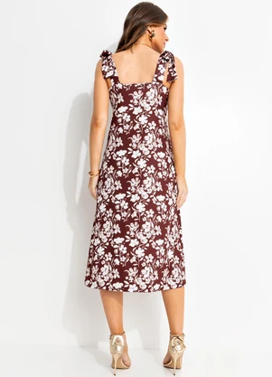 Quintess - Vestido Midi Floral em Malha Fria com Alças de Amarração - QUINTESS