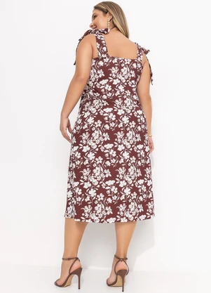 Quintess - Vestido Midi Floral em Malha Fria com Alças de Amarração - QUINTESS
