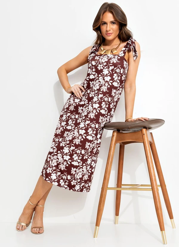 Quintess - Vestido Midi Floral em Malha Fria com Alças de Amarração 3