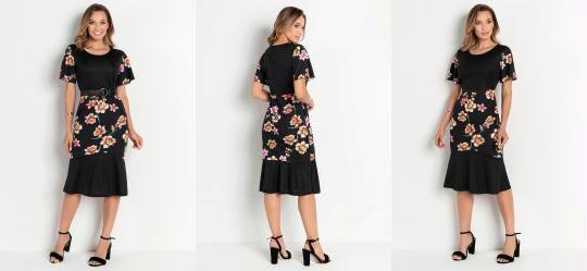 Vestido Floral Preto com Babado