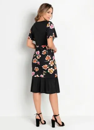Rosalie - Vestido Floral Preto com Babado - ROSALIE