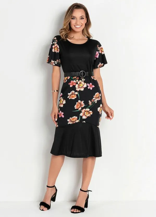 Rosalie - Vestido Floral Preto com Babado