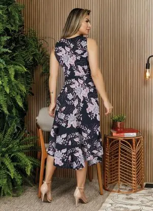Rosalie - Vestido Floral Preto com Babado - ROSALIE