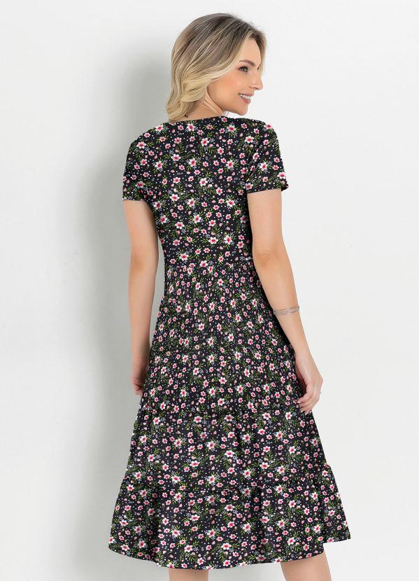 Rosalie - Vestido Floral Preto com Babado Moda Evangélica 2