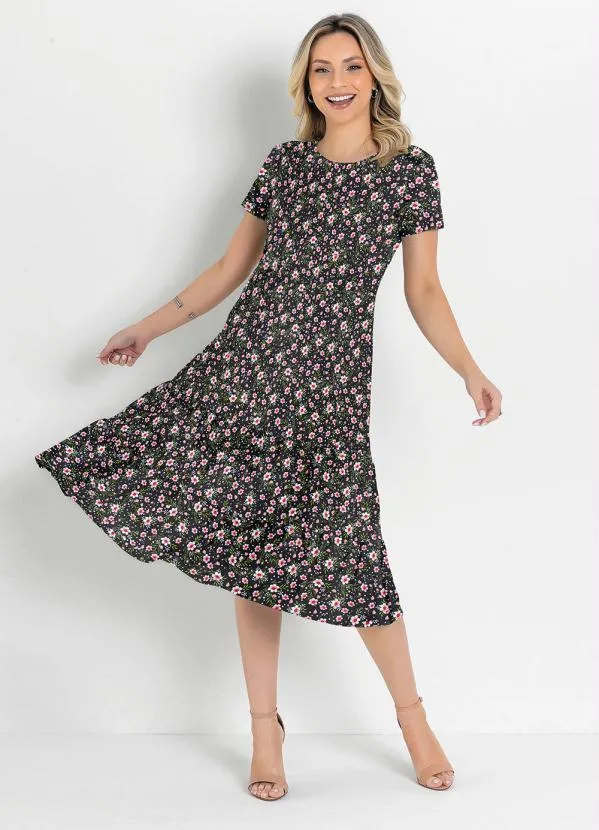 Rosalie - Vestido Floral Preto com Babado Moda Evangélica 3