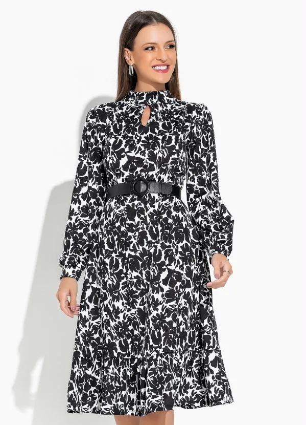 Rosalie - Vestido Floral Preto com Babado