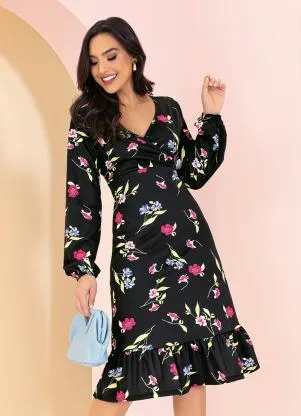 Rosalie - Vestido Floral Preto com Babado - ROSALIE