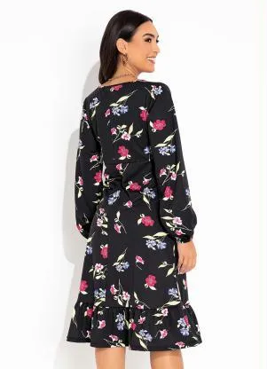 Rosalie - Vestido Floral Preto com Babado - ROSALIE