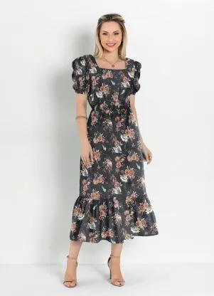 Rosalie - Vestido Floral Preto com Babado - ROSALIE