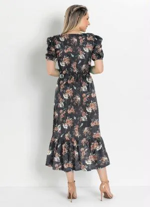 Rosalie - Vestido Floral Preto com Babado - ROSALIE
