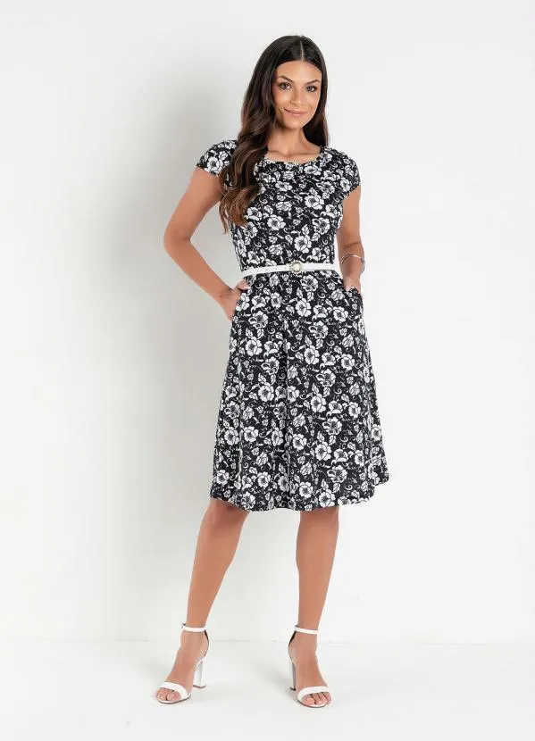 Rosalie - Vestido Floral Preto com Bolso