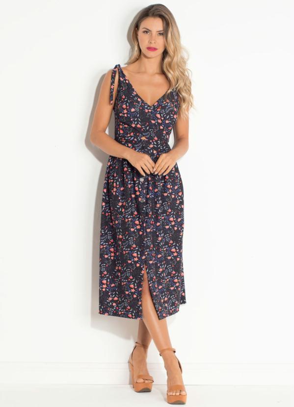 Quintess - Vestido Floral Preto com Botões Frontais
