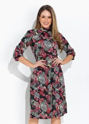 Rosalie - Vestido Floral Preto com Gola - ROSALIE
