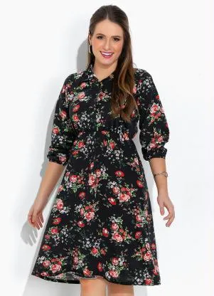 Rosalie - Vestido Floral Preto com Gola - ROSALIE