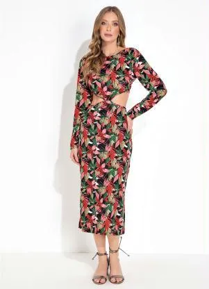 Moda Pop - Vestido Floral Preto com Recorte Vazado - MODA POP