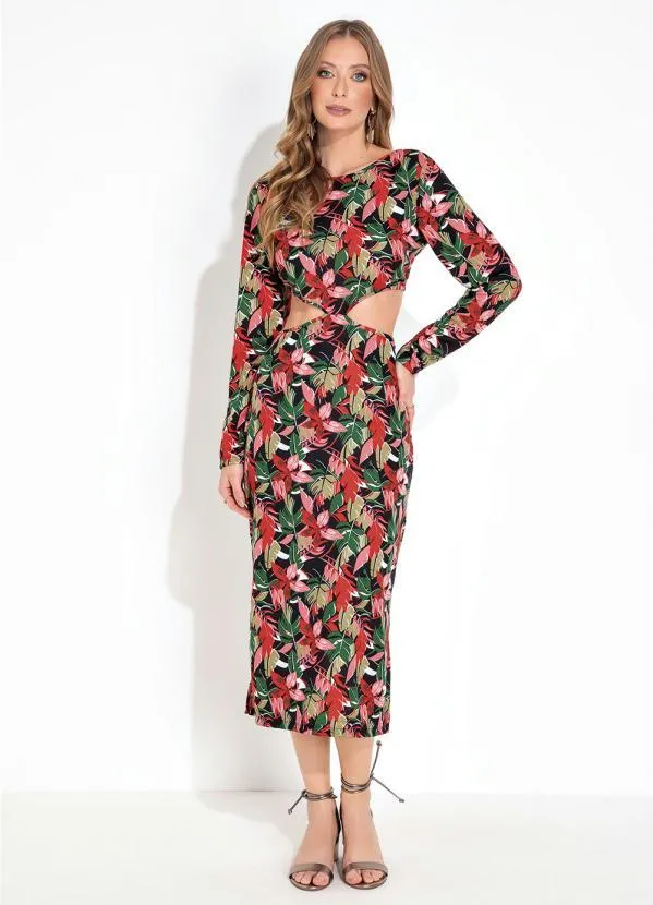 Moda Pop - Vestido Floral Preto com Recorte Vazado 1