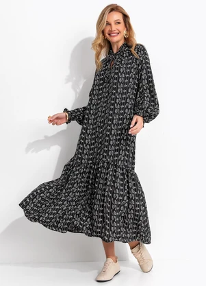 Quintess - Vestido Floral Preto em Crepe Plano - QUINTESS