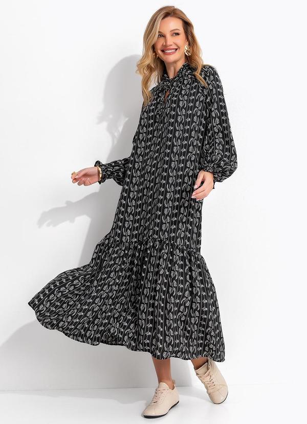 Vestido Floral Preto em Crepe Plano