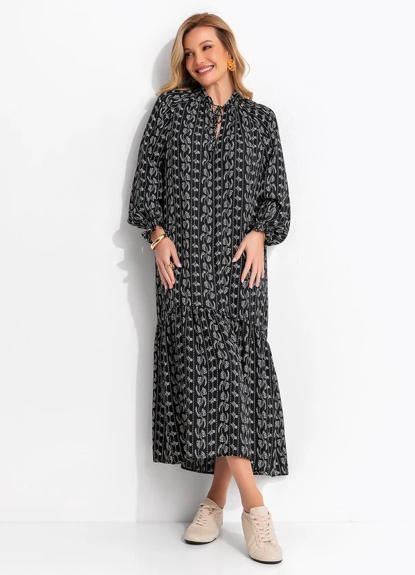 Quintess - Vestido Floral Preto em Crepe Plano 3