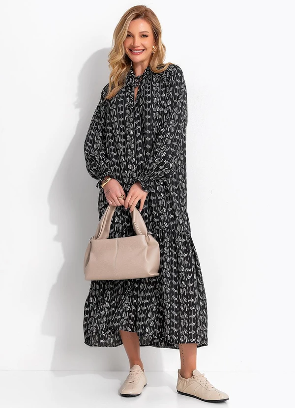 Quintess - Vestido Floral Preto em Crepe Plano 5