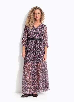 Quintess - Vestido Floral Preto em Tule - QUINTESS