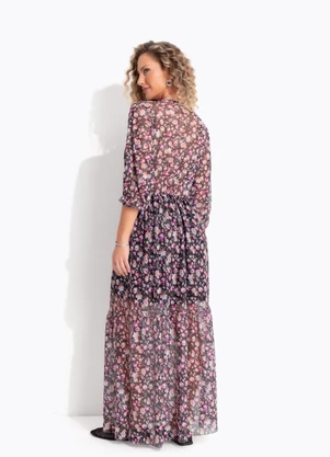 Quintess - Vestido Floral Preto em Tule - QUINTESS