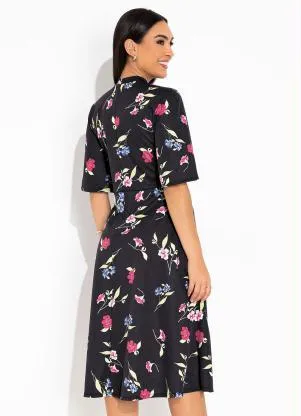 Rosalie - Vestido Floral Preto Evasê - ROSALIE