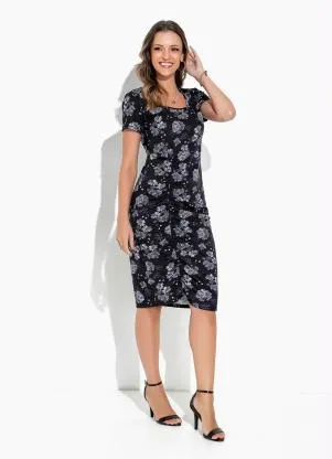 Rosalie - Vestido Floral Preto Franzido - ROSALIE