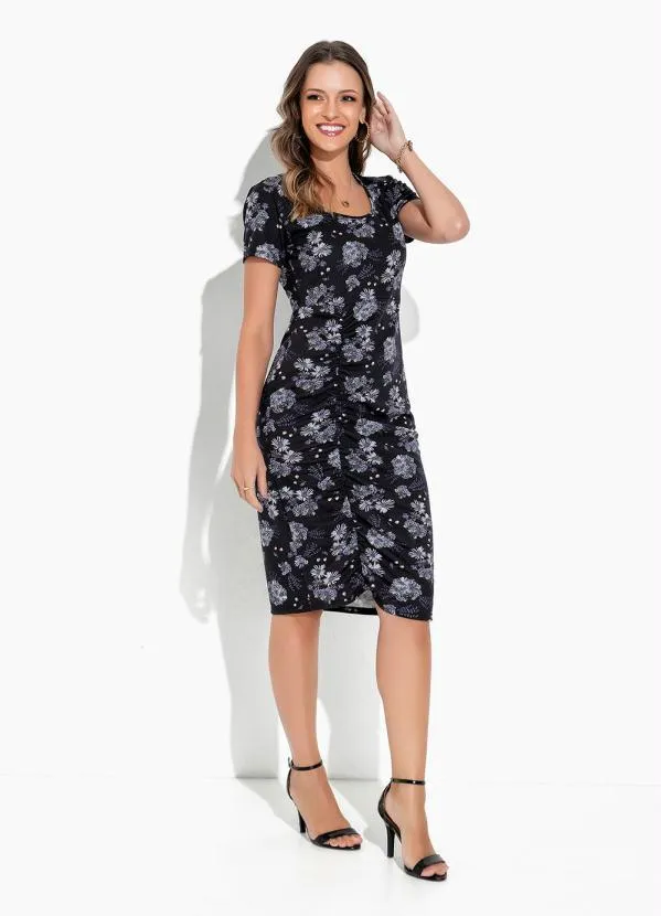 Rosalie - Vestido Floral Preto Franzido