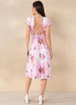 Queima Estoque - Vestido Floral Rosa com Detalhe nas Costas - QUEIMA ESTOQUE