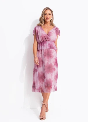 Quintess - Vestido Floral Rosa em Tule - QUINTESS