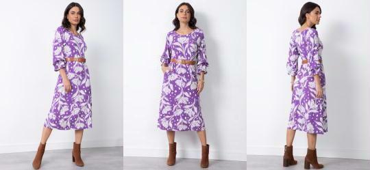 Vestido Floral Roxo com Babado na Manga