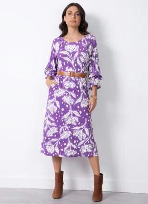 Quintess - Vestido Floral Roxo com Babado na Manga - QUINTESS