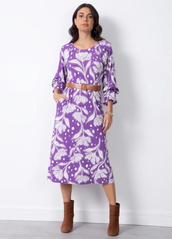 Quintess - Vestido Floral Roxo com Babado na Manga 2