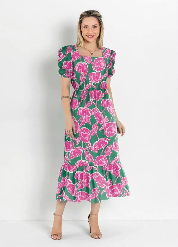 Rosalie - Vestido Floral Verde com Babado
