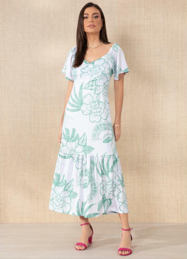 Vestido (Floral Verde) com Babado na Barra